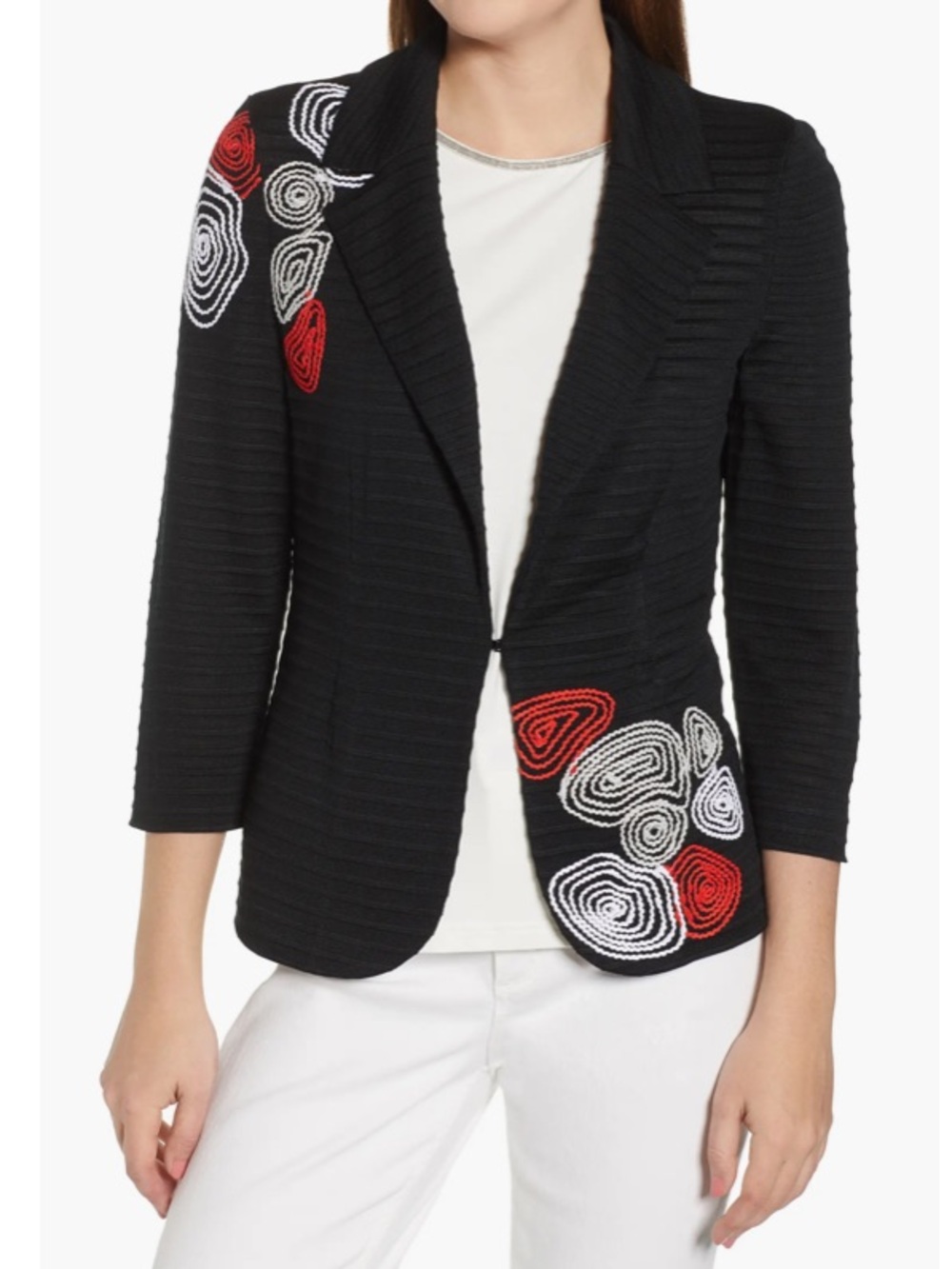 New With Tags Red & Black Appliqué  Ming Wang Structured Jacket Blazer, Large